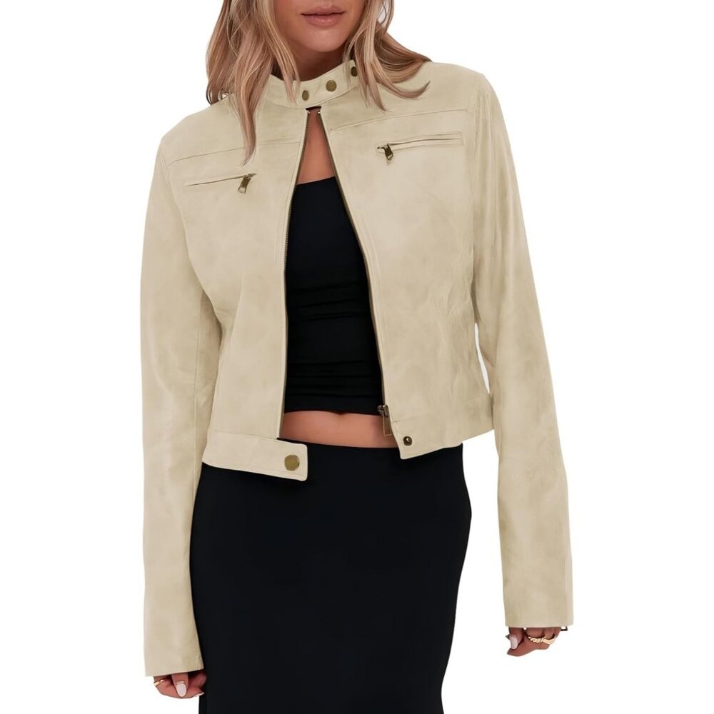 Women's Beige Faux Leather Cropped Jackets Casual Vintage Zip Motorcycle Jacket